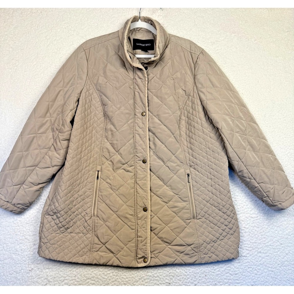 Lands End Coat Womens‎ 20W Beige Quilted PrimaLoft Mid Length Jacket Pockets